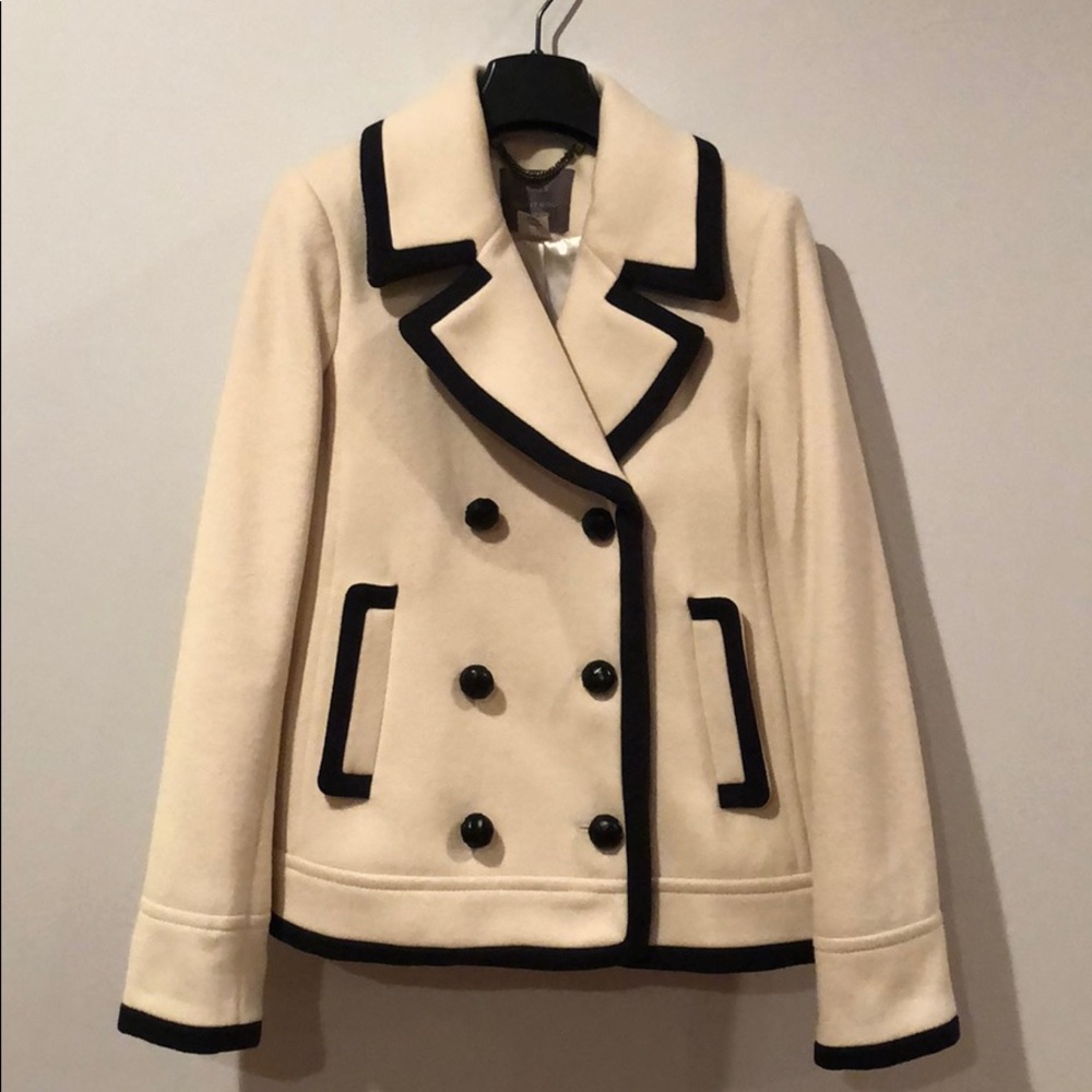 J.Crew 100% wool peacoat, Ivory with Black piping